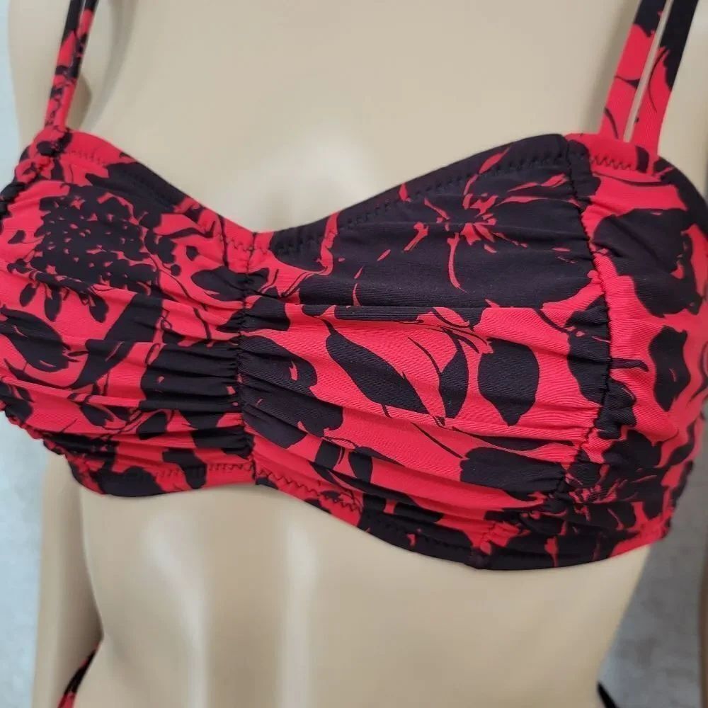 Jantzen Vintage 90s Red and Black Floral Bikini Set Swimsuit Ruched - Picture 4 of 16